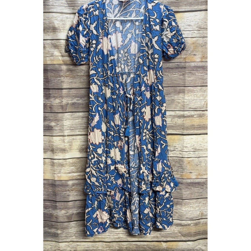 Knox Rose Dress Women’s Small Wrap Midi Tiered Floral Blue Elastic Waist Boho